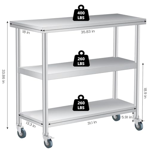 Stainless Steel Table 3-Tier, Commercial Kitchen Utility Workstation