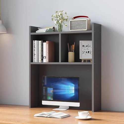 White Wooden Desk Hutch with Storage, Freestanding Desktop Bookshelf and Organizer Rack for Home Office, Dorm, and Study Desk, Ideal for Books, Supplies, and Decorations,Grey,23.6″×7.9″×35.4″