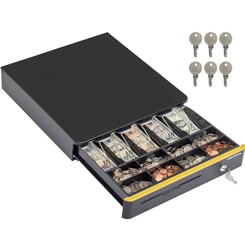 Volcora Cash Register Drawer for Point of Sale POS System with Round Corners 16", Removable Coin Tray, 5 Bill 8 Coin, 12-24V RJ11/12 Key-Lock Media Slot, Money Drawer for Business, Yellow Bar/Black