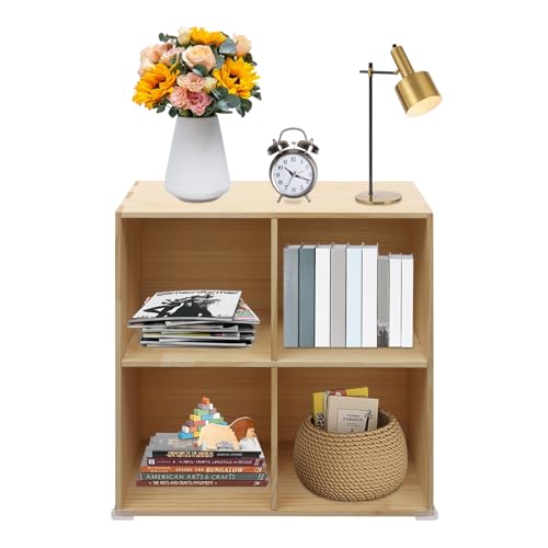 HuidTews 4-Compartment Mobile Cubby Storage Cabinet -Vertical Or Horizontal Bookcase - Open Book Shelf, Rectangular Solid Wood Shelves Cube ShelfFor Bedroom, Living Room, Office