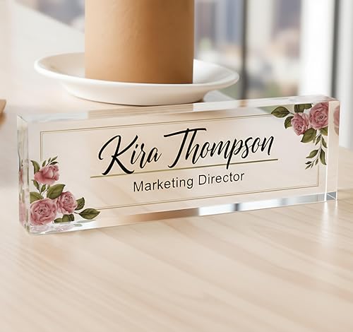 Personalized Teacher Desk Name Plate – Custom Floral Acrylic Name Sign, Printed Clear Glass Block for Office or Classroom, Unique Teacher Gift, Elegant Desk Decor for Women, 8"x2.5"