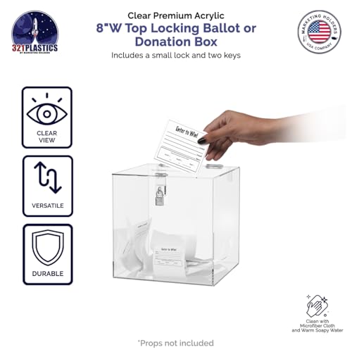Marketing Holders 8 Inch Locking Ballot Box Clear Acrylic Square Cube Top Locking See Through Countertop Contests Entry or Donation Collection Bin