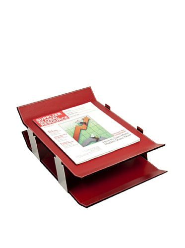 Bey-Berk D1626 Red Leather Double Letter Tray with Chrome Accents, 15.5 x 11 x 6