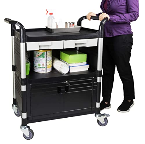 JaboEquip 3 Tier Heavy Duty Utility Cart, Lockable Medical Cart, 606 lbs Load for Lab, Hospital, Office, JB-3KD1, Black