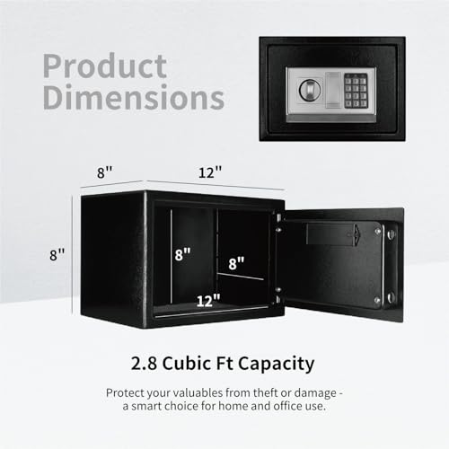 Flexzion Small Digital Safe with Keypad - Cash Safe Box for Money with Electronic Keypad - Digital Lock Box for Home, Office, Hotel, Small Safe Box with 2 Keys (12"x8"x8"), Black
