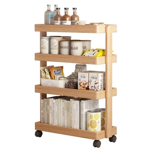 Joaaea Solid Wood Rolling Cart,4-Layer with Wheels 110LBS Heavy Duty,Snack/Book Storage,Floor-Standing for Bedroom Living Room(Natural,60cm-23.6in)