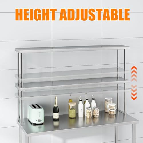 FinerFurnis Heavy Duty Stainless Steel Laboratory Workbench – 2-Tier Overshelf, 60x12 in Adjustable Metal Shelf, 99 cm High – Supports 360+220 lb, Easy to Assemble & Clean – For Lab, Workshop, Kitchen