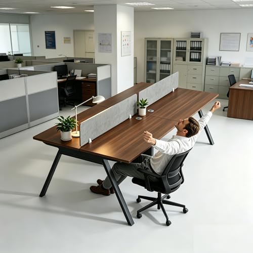 Office Cubicle Desk,4-Person Office Cubicle Workstation,Large Computer Desk with Privacy Panels & Cable Management,Offices Commercial Workspace (Walnut Brown, 94.4IN, Barrier workstation table)