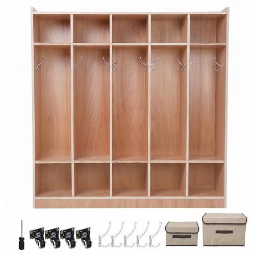 COZONY 5-Section Kids Wooden Coat Locker, 10 Classroom Cubbies with Smooth Wood Finish, 2 Anti-Tip Kits, 4 Casters & 2 Storage Boxes, Mobile Storage Cabinet for Kindergarten, Daycare & Home