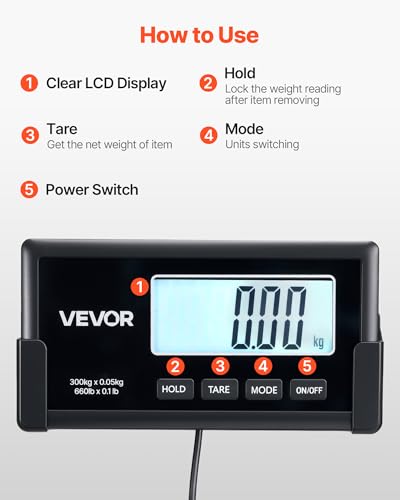 VEVOR Digital Shipping Scale, 0.1 lbs High Accuracy, 660 lbs Postal Scale with LCD Display, Hold/Tare Function & AC/DC Power Supply, Fit for Packages, Postage, Luggage, Battery & Adapter Included