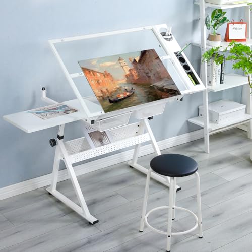 LIFE SKY Drafting Table Adjustable for Artists - Art Drawing Desk with Storage for Painting Sketching - Glass Top for Painters Illustrators Cartoonists White