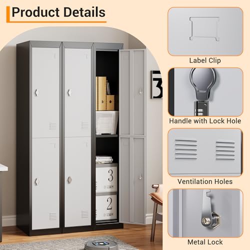 EliteEdge 72" Tall 2 Door Metal Locker with Key, Heavy Duty Steel Storage Cabinet with Shelves, Lockable Employee Locker for School, Office, Gym, Home, Garage, Grey & Black