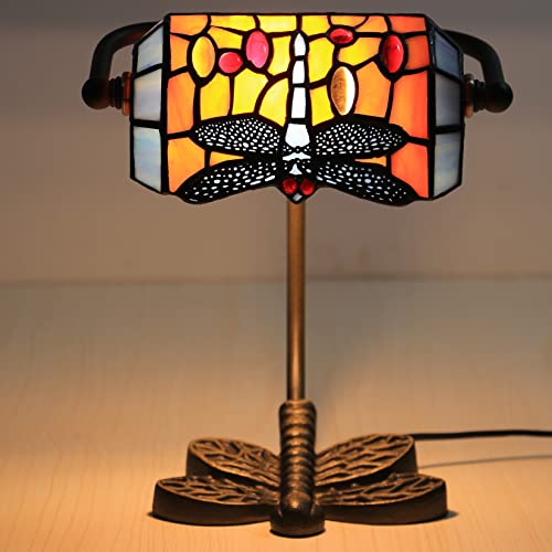 Banker Lamp Tiffany Desk Lamp Green Orange Dragonfly Stained Glass Desk Lamp, Adjustable Top Luxury Memory Piano Lamp, for Library Use