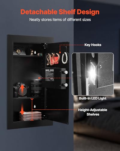 VEVOR 25.6" High Wall Safe, 3-Tier Hidden Wall Mounted Safe with Password & Key, Q235 Cold-Rolled Steel In-Wall Box with LED Lighting, 2 Adjustable Shelves & 5 Key Holders, Black