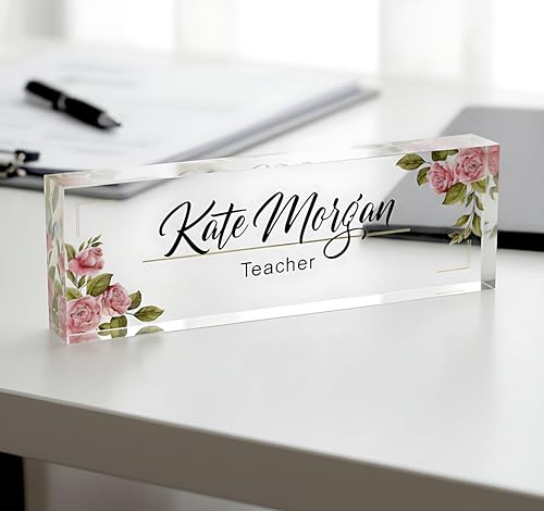Personalized Teacher Desk Name Plate – Custom Floral Acrylic Name Sign, Printed Clear Glass Block for Office or Classroom, Unique Teacher Gift, Elegant Desk Decor for Women, 8"x2.5"