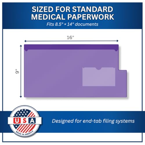 Doctor Stuff - Short Tab Vinyl Outguides, Full Front Pocket, Bottom Charge Out Slip Pocket, Plastic File Folder, Legal Size 9" x 16", Purple, 50/Box
