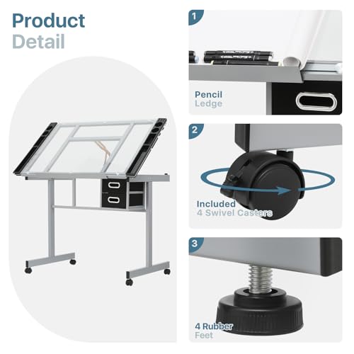 MIRAMINGLE Adjustable Tabletop Drafting Table, 0°-65° Angle Adjustments, Tempered Glass Top, Ideal for Artists & Designers, Alloy Steel Frame, 2 Drawers, Locking Wheels