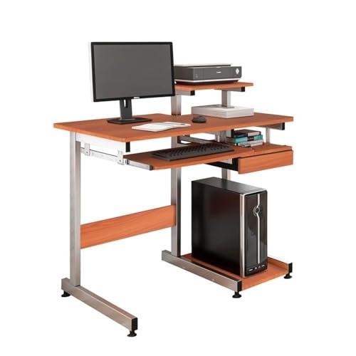 Pemberly Row Contemporary Wood/Steel Computer Desk, 38" W x 22" D x 30" H, Mahogany Finish, MDF and Steel Construction, Pull-Out Keyboard Tray, Printer and Scanner Shelves, Home Office Desk