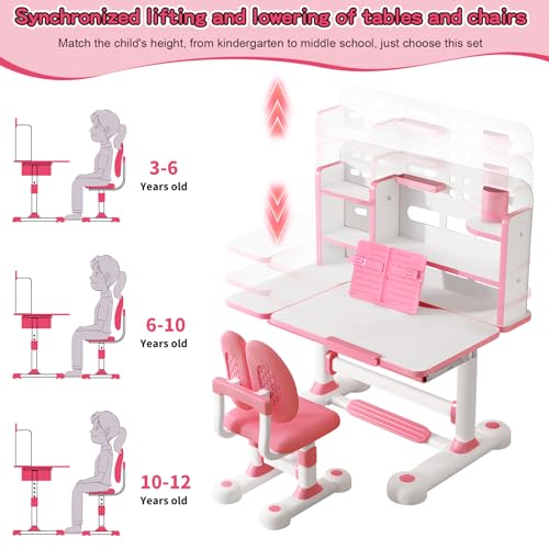 Kid's Study Desk and Chair Set, Height Adjustable Children's Desk with 50-Degree Tiltable Desktop, Bookshelf & Storage Drawer, Ergonomic Study Table Set for Bedroom (Pink)