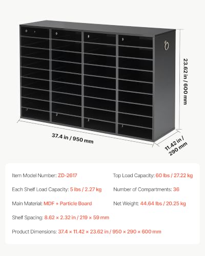 VEVOR Wood Literature Organizer 36 Compartments Office Mailboxes Black | Countertop Literature Sorter for Files Documents Papers, with Adjustable Shelves, for Office, Home, Classroom Organization