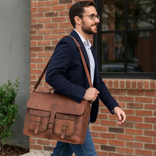 Leather Messenger Bag 18 inch Briefcase Laptop Satchel for Men & Women