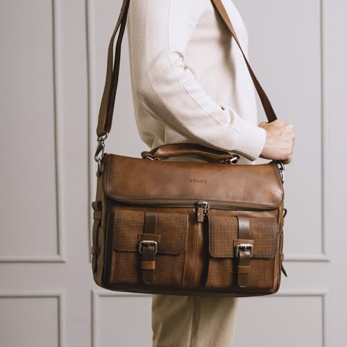 VELEZ Tan Full Grain Leather Messenger Bag for Men - 15" Laptop Briefcase - Mens Vintage Business Crossbody Computer Bags