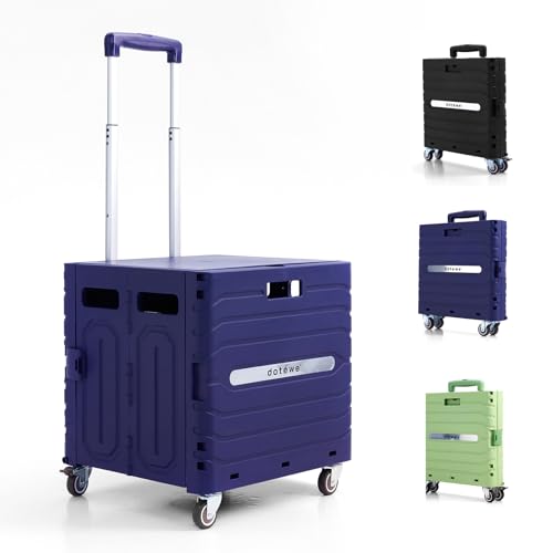 Folding Utility Cart Portable Rolling Crate Handcart Foldable Shopping Trolley Collapsible, with Lid, on Wheels, for Grocery, Garden, Office, Storage, Teacher, Tool (Purple)