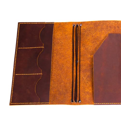 Crazy Horse Leather Trifold Journal Cover A5 – Handmade Refillable Travelers Notebook with Multiple Elastic Bands, Pen Holder & Card Slots, Brown