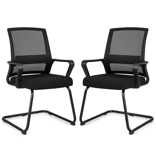 Tangkula Set of 2 Office Guest Chairs, Reception Chairs Conference Room Chairs with Adjustable Lumbar Support & Sled Base, Modern Mid Back Mesh Desk Chair no Wheels