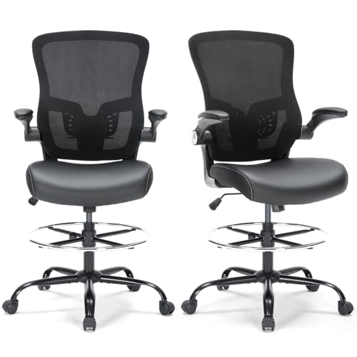 Drafting Chair, Tall Office Chair with PU Leather Seat, Ergonomic Standing Desk Chair with Lumbar Support Counter Height Office Chair with Adjustable Footrest Ring Flip-up Armrests