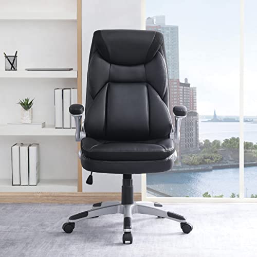 Office Star ECH Series Executive Bonded Leather Office Chair with Lumbar Support and Padded Height Adjustable Arms, Black with Silver Coated Nylon Base