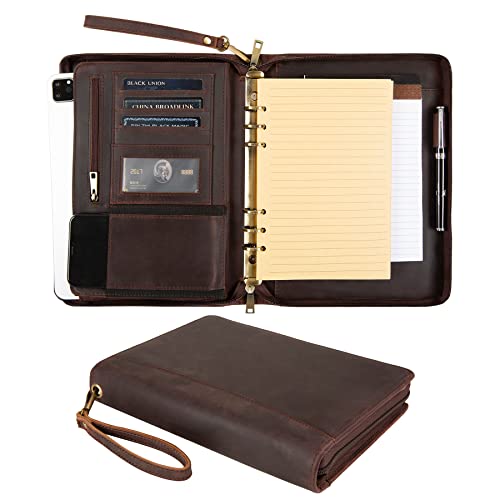 GZRHKJ A5 Genuine Leather Portfolio Notebook Binder, 6 Ring Refillable Planner with Binder Pockets (Standard, Dark Brown)