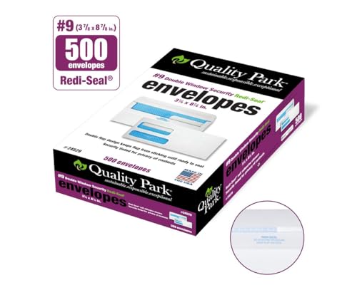 Quality Park #9 Security Envelopes, Double Window, Self Seal, Invoices/QuickBooks Statements, 3-7/8 x 8-7/8 Inches, 24 lb White, 500/Box (QUA24529)