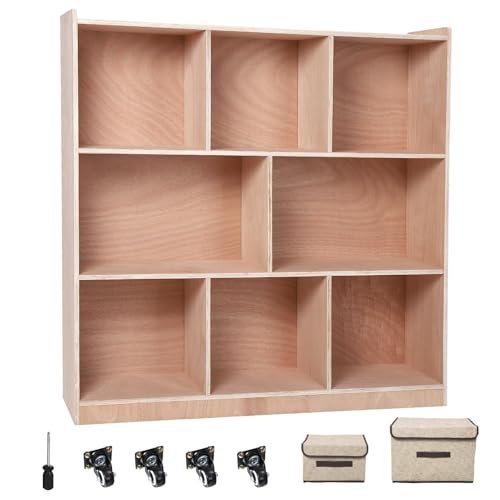 Attracoast 8-Section Kids Cubby Storage Cabinet with Mobile Tray - Toy Organizer & Classroom Lockers for Home, Daycare, Kindergarten - Versatile Shelving Unit with Easy-Roll Wheels