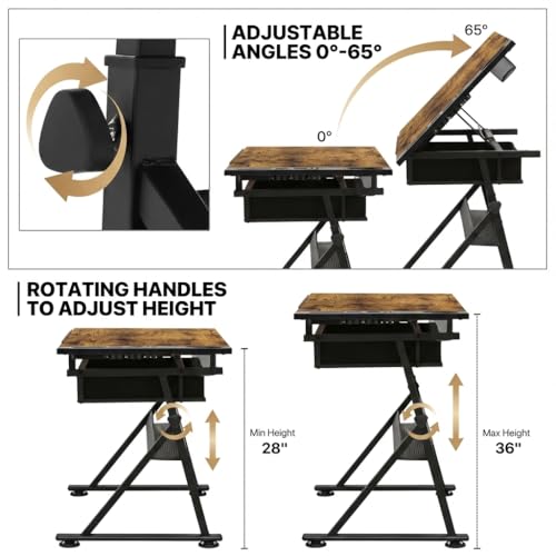 VENLUSUIR Drafting Table with Storage & Stool: Adjustable Tilting Art Desk, 2 Drawers, Height Adjustable Craft Table for Drawing, Painting, Home Office (Rustic Brown)
