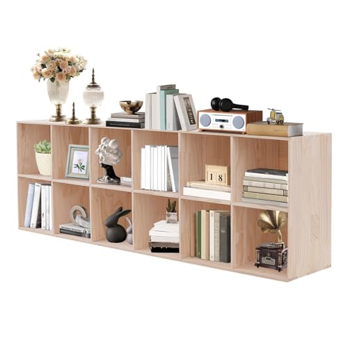 HuidTews 12-Compartment Mobile Cubby Storage Cabinet -Vertical Or Horizontal Bookcase - Open Book Shelf, Rectangular Solid Wood Shelves Cube ShelfFor Bedroom, Living Room, Office