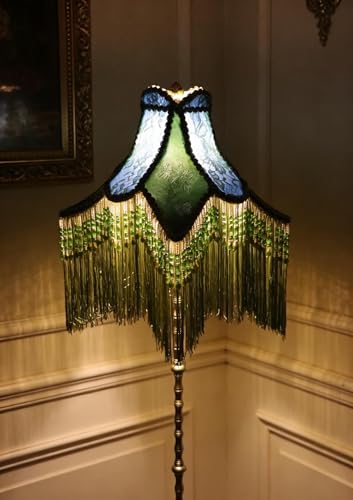 Sofyee Victorian Floor Lamp with Beaded Fringe, Green Fabric Shade, Brass Base, Ornate Vintage Style