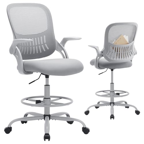 COZIFURNI Drafting Chair Tall Office Chair for Standing Desk Counter Height Adjustable, Egronomic Lumbar Support with Flip Up Armrest, Footrest, Rolling, Grey, 1pc