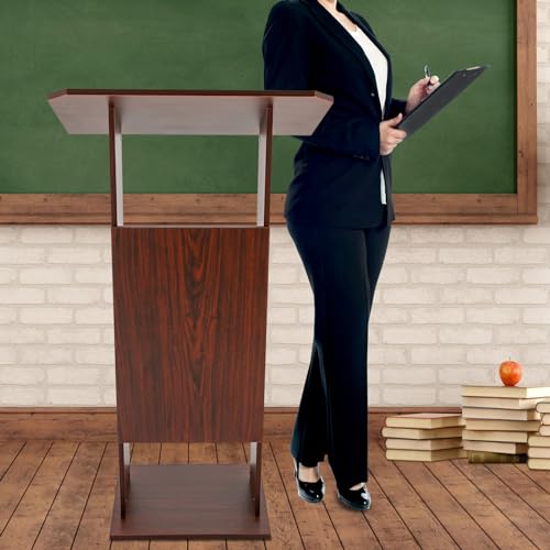 Podium Stand, Mobile Lectern with 4 Locking Wheels, Wooden Lectern Stand with Storage Board, Floor Standing Speaking Pulpit for Home Office Wedding Conference (Brown)