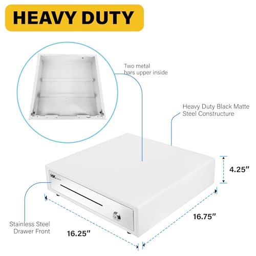 HK SYSTEMS 16inch "Stainless Steel" Front Heavy Duty POS"USB" Interface Cash Drawer with 5Bill/5Coin (White)"NO Compatibility with Square POS System for Now