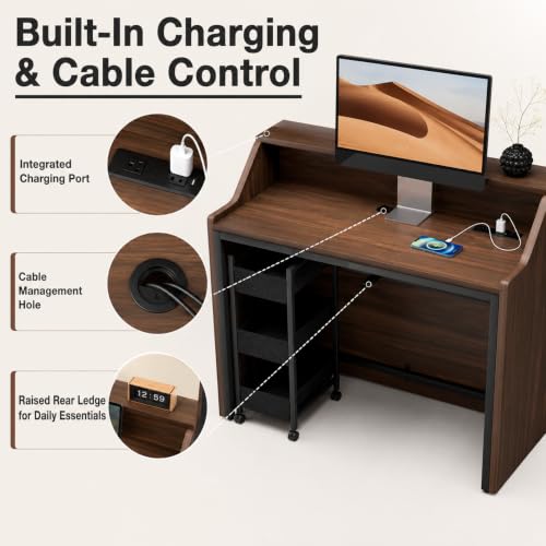 Elyveont 46.5" Walnut Black Small Reception Desk with Rolling Storage Cart