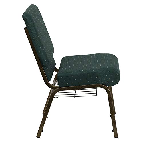 Flash Furniture HERCULES Series 21''W Church Chair in Hunter Green Dot Patterned Fabric with Book Rack - Gold Vein Frame