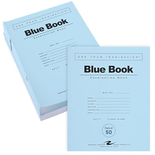 ROARING SPRING Exam Blue Books, 50 Pack, 8.5" x 7", 16 Sheets/32 Pages, Wide Ruled with Margin, Proudly Made in the USA