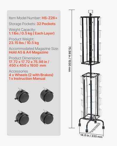VEVOR Greeting Cards Display Rack, 32 Pockets Rotating Postcard Brochure Display Stand, 360° Spinning Card Display Rack with Sign Holder & 4 Wheels (2 Lockable) for Exhibitions Office Trade Show