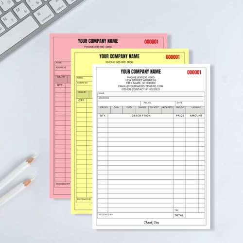 Custom NCR Duplicate Forms: Invoices, Receipts, Work Orders, Sales Orders, Purchase Orders, Estimates, Quotes, with Your Company Name,Address,3-Part /2-Part (Template 1, 11.8x8.3in/30 * 21cm)