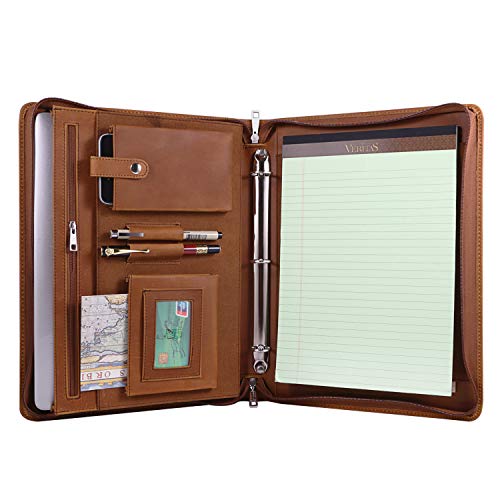 YIWEN Handmade Leather Portfolio 3 Ring Binder with Front Pocket