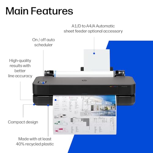 HP DesignJet T210 Large Format 24-Inch Plotter Printer for Easy CAD & Poster Prints (8AG32T), Includes 2-Year HP Care Pack with Onsite Support