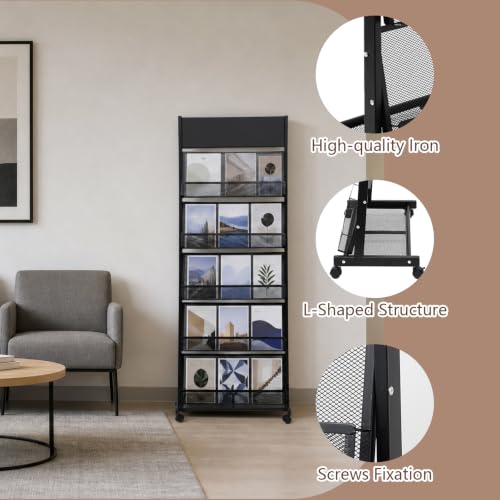5 Tiers Freestanding Magazine Rack Iron Brochure Display Stand on Wheels