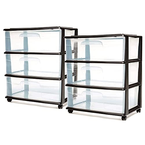 HOMZ Drawer Tower, 3-Tier Storage Cart with Removable Wheels, Black, 2 Pack