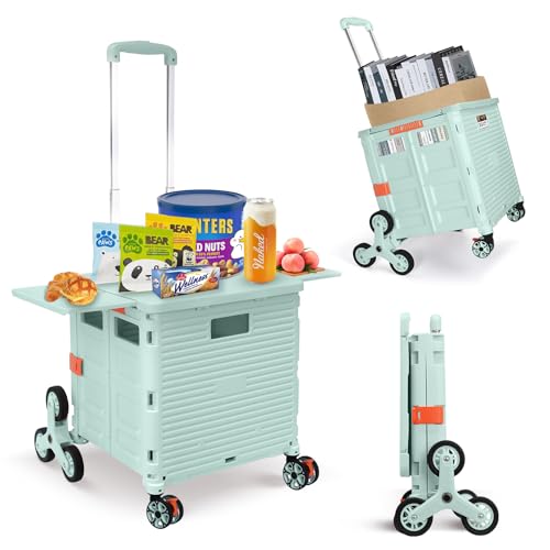 Foldable Utility Cart Collapsible Portable Crate Rolling Carts with Stair Climbing Wheels Tote Basket with Magnetic Lid Telescopic Cover Wear-Resistant 360°Rotate Wheel Noiseless for Shopping Office